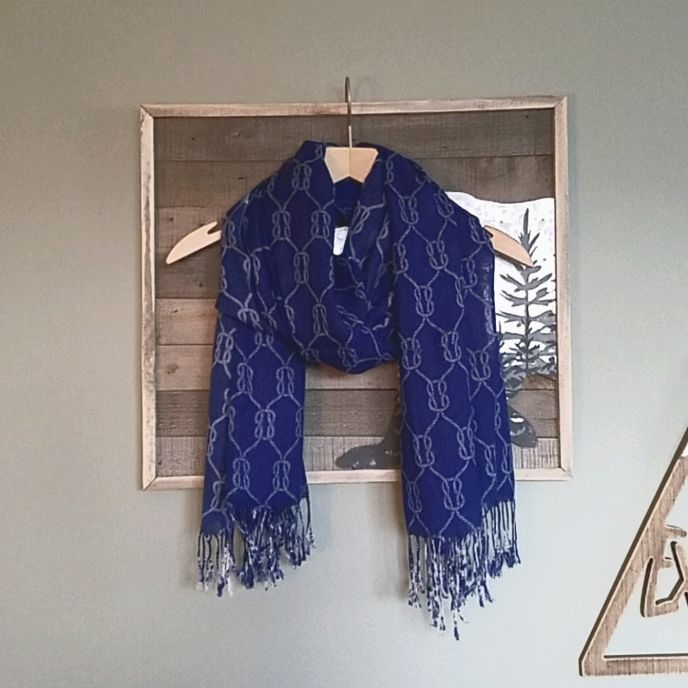 Cobalt Blue Fringe Scarf w/ Rope Pattern